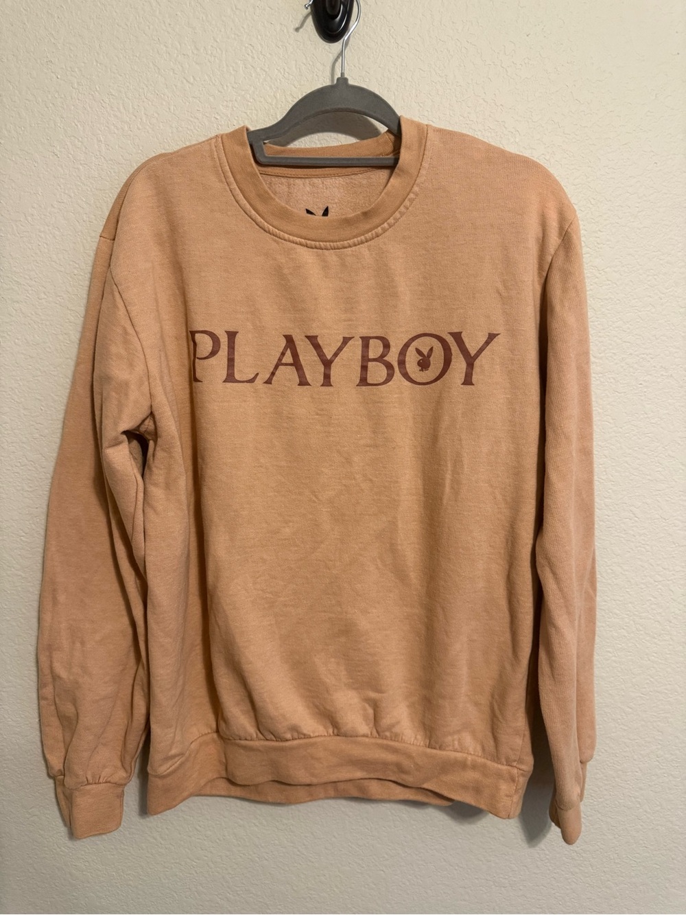 PLAYBOY Men's Crewneck Sweatshirt in Light Brown with Maroon Logo